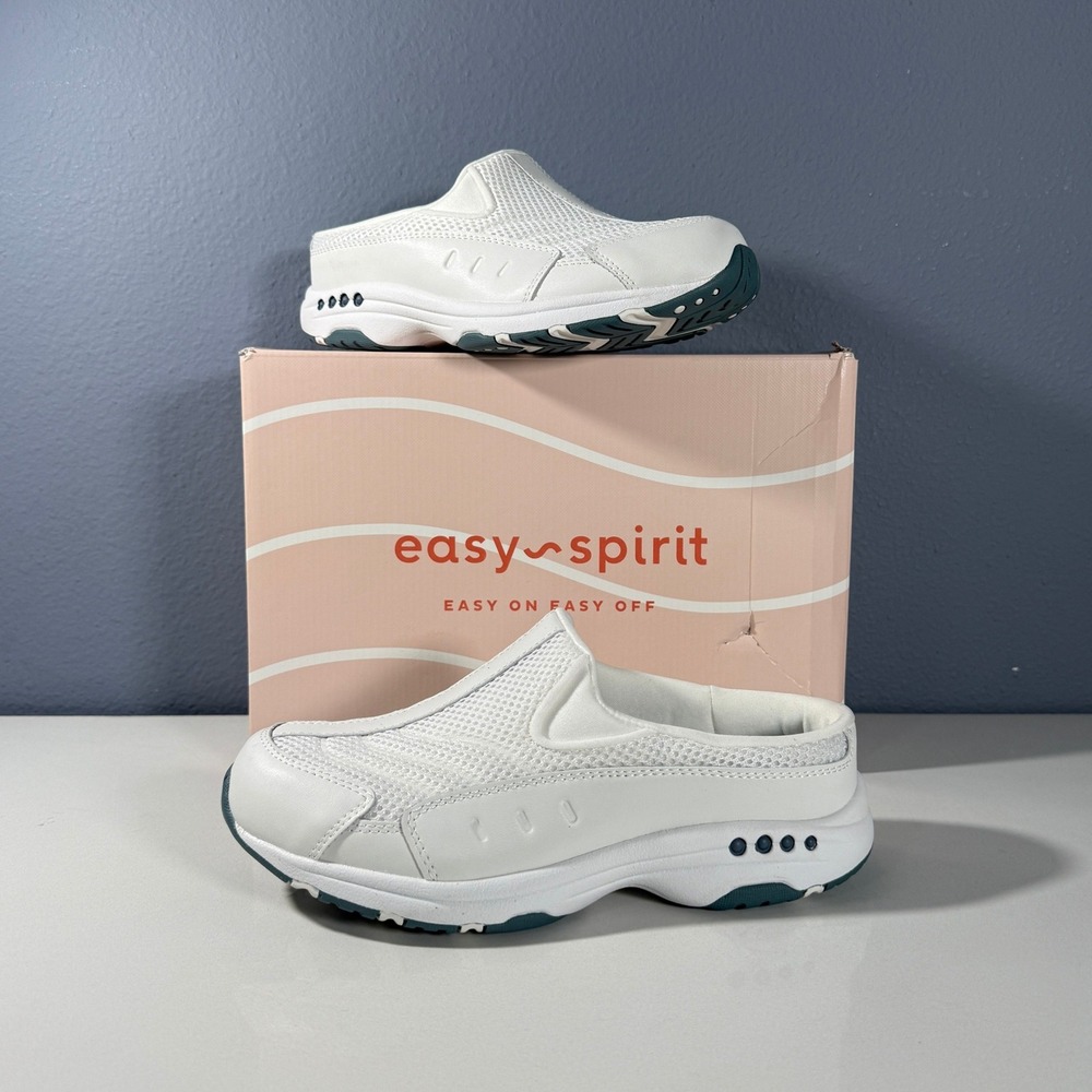 Easy Spirit Traveltime Womens White Leather Mesh Walking Clog Mule Shoes 7WW